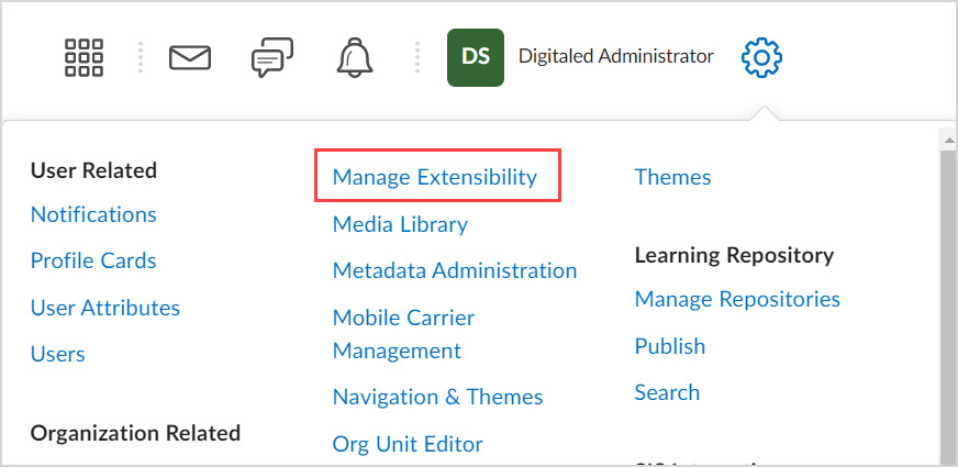 A dropdown menu is opened under the Settings cog. Manage Extensibility is highlighted at the top of the second column.
